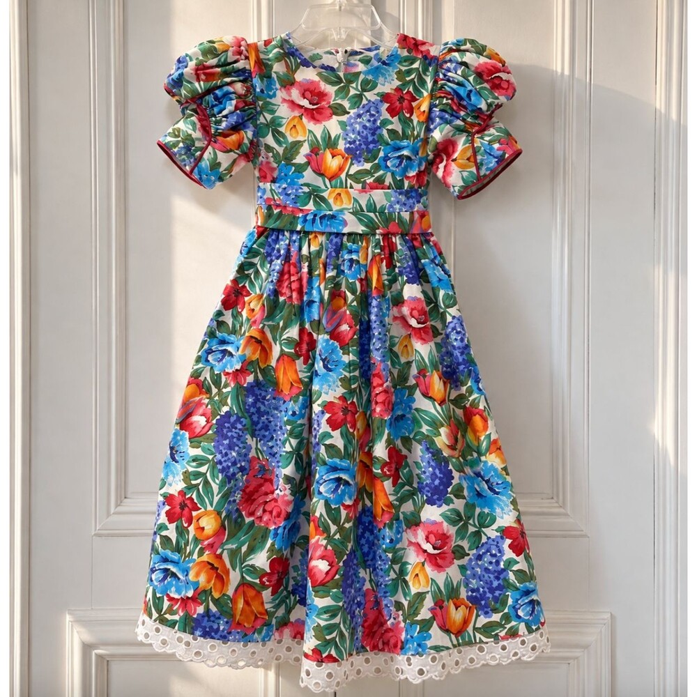 Jayne Copeland Girls 7 Floral Eyelet Dress Puff Sleeve VTG Eyelet Cottagecore